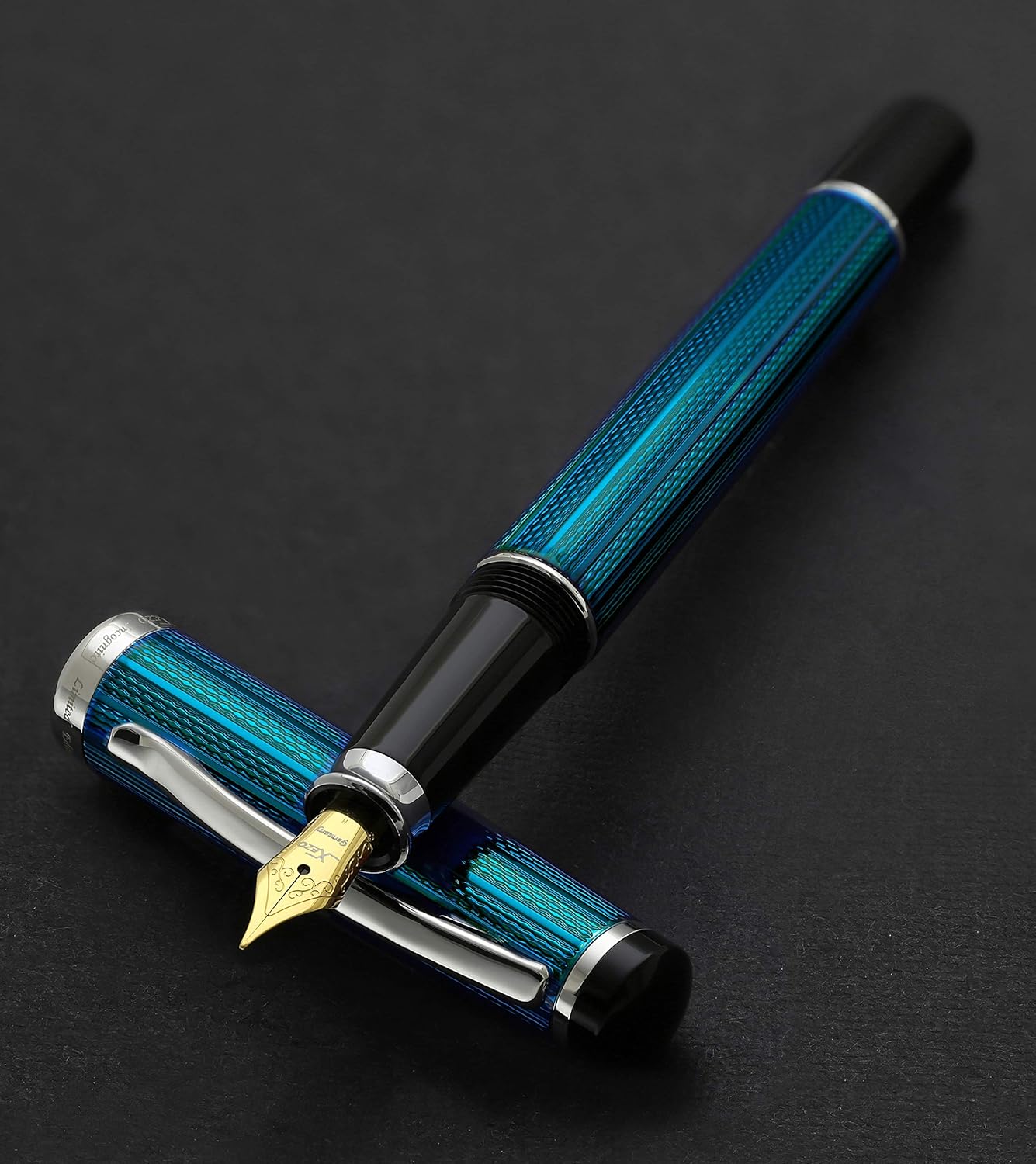Xezo Incognito Fountain Pen, Medium Nib. Deep Blue Layered Lacquer with Pure Platinum Plating. Handcrafted, Limited Edition, Serialized
