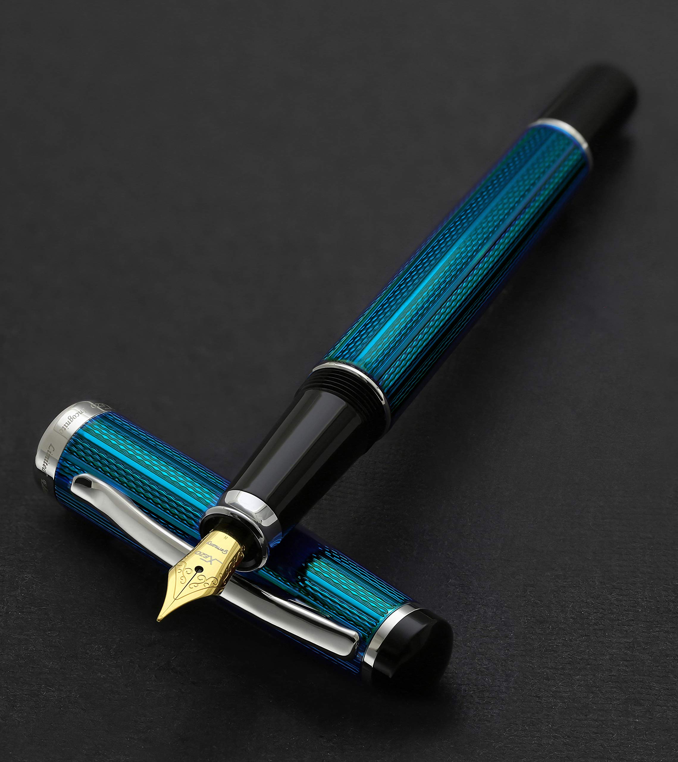 Xezo Incognito Fountain Pen, Medium Nib. Deep Blue Layered Lacquer with Pure Platinum Plating. Handcrafted, Limited Edition, Serialized