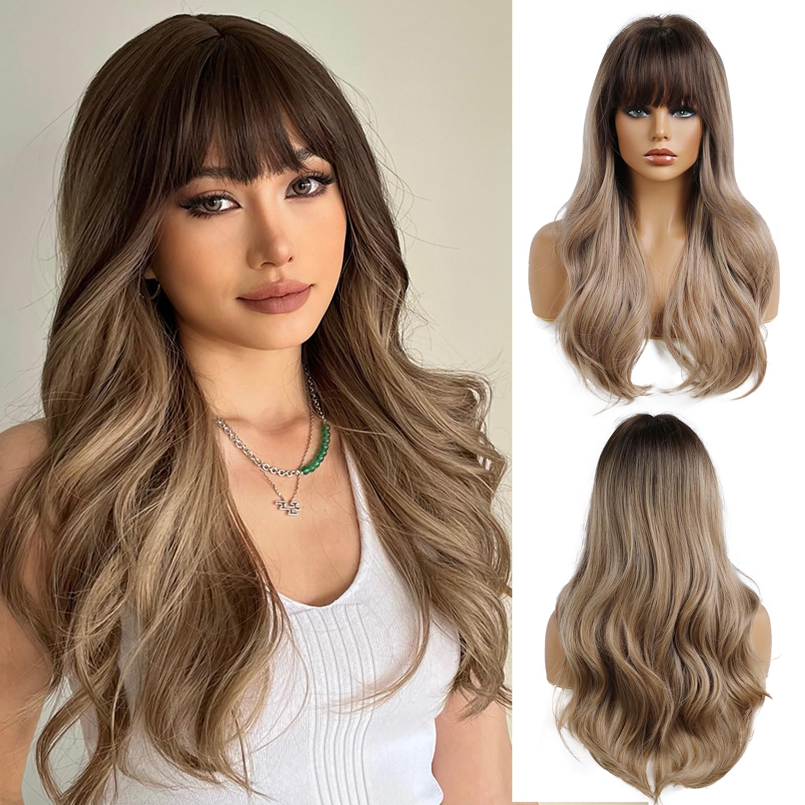 OUFEI Ombre Dark Blonde Wig with Bangs Synthetic Heat Resistant Fiber Natural Long Wave Ombre Wigs for Women Daily Party Use — image 1