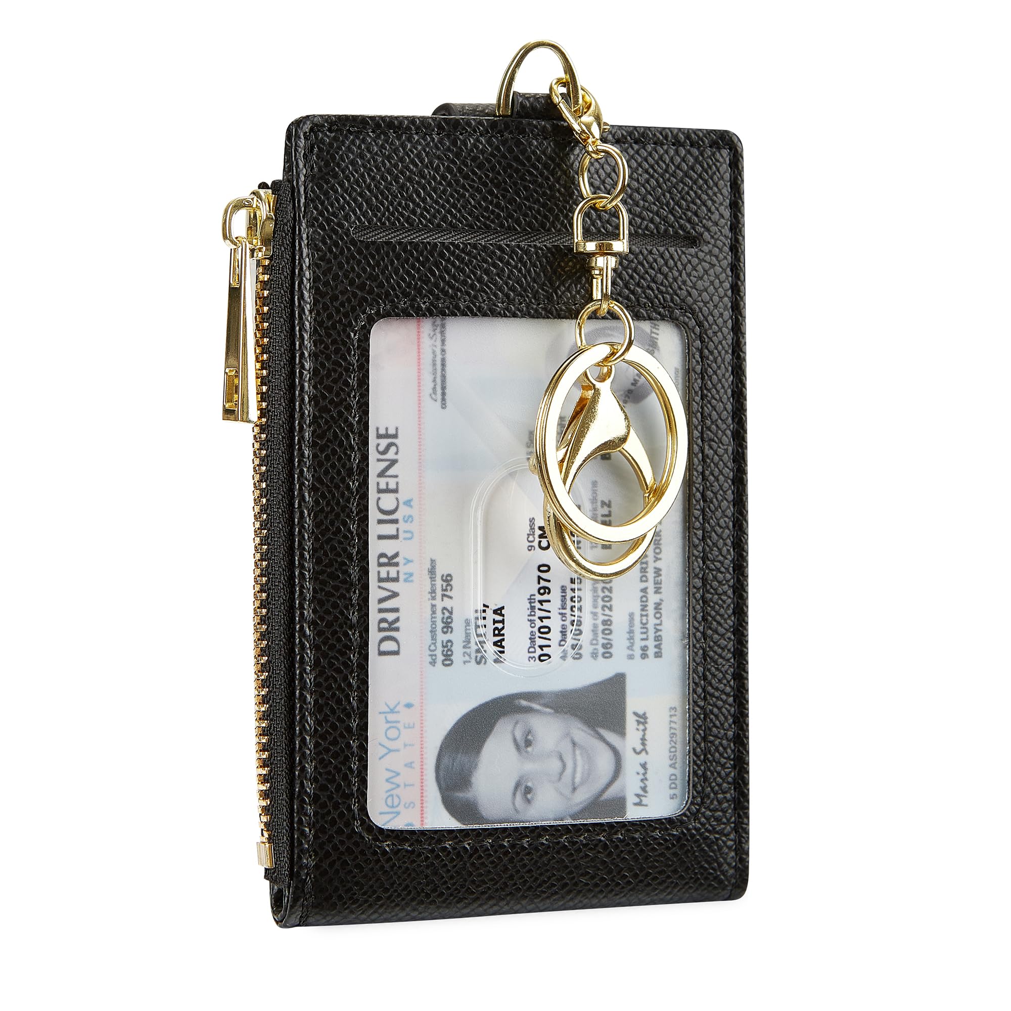 Photo 1 of Cynure Women Leather RFID Blocking Card Holder Slim Small Zipper Keychain Front Pocket Wallet with 2 ID Window, black