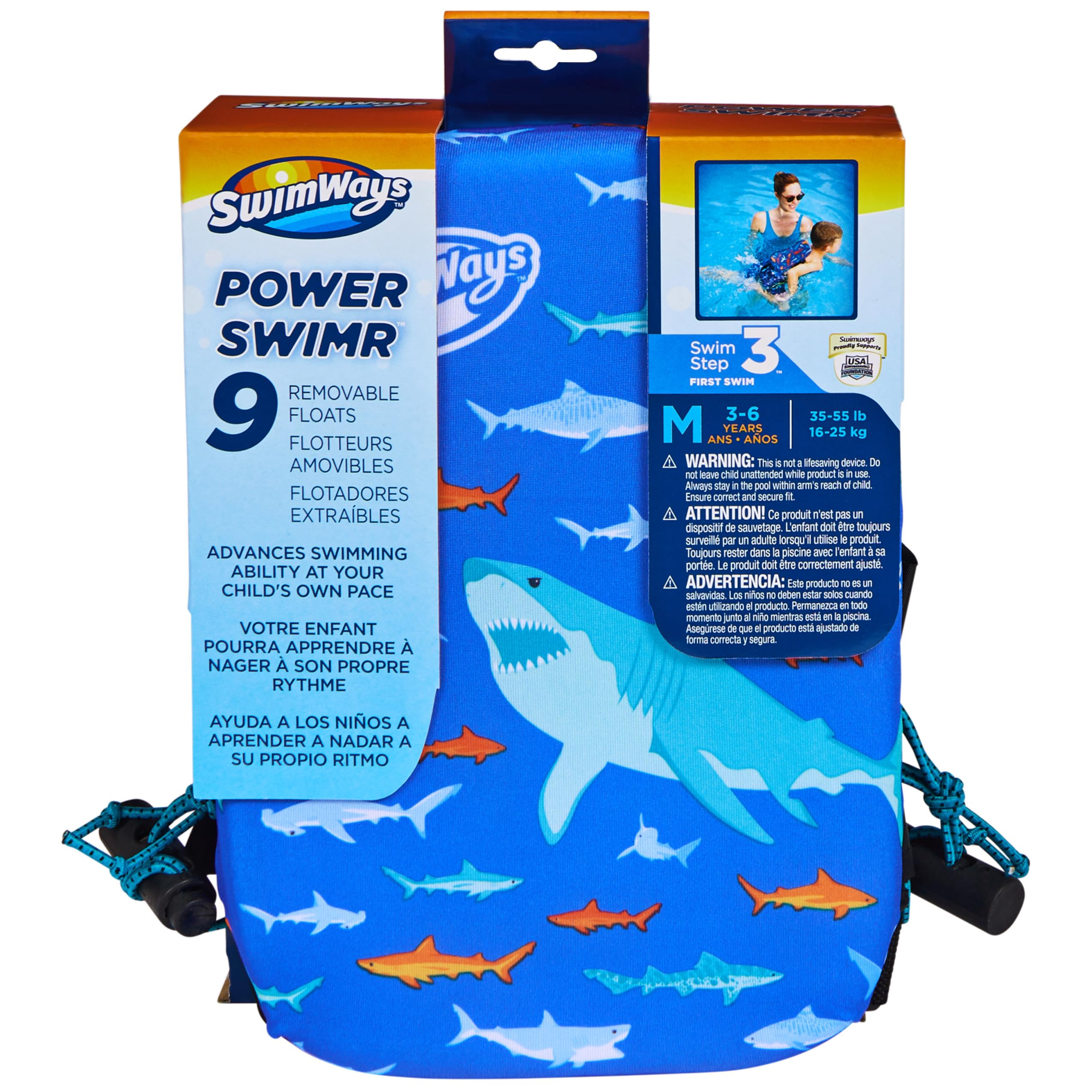 SwimWays Power Swimr Outdoor Pool Swim Vest for Kids, Adjustable Kid Pool Float for Swim Training, Medium, Shark