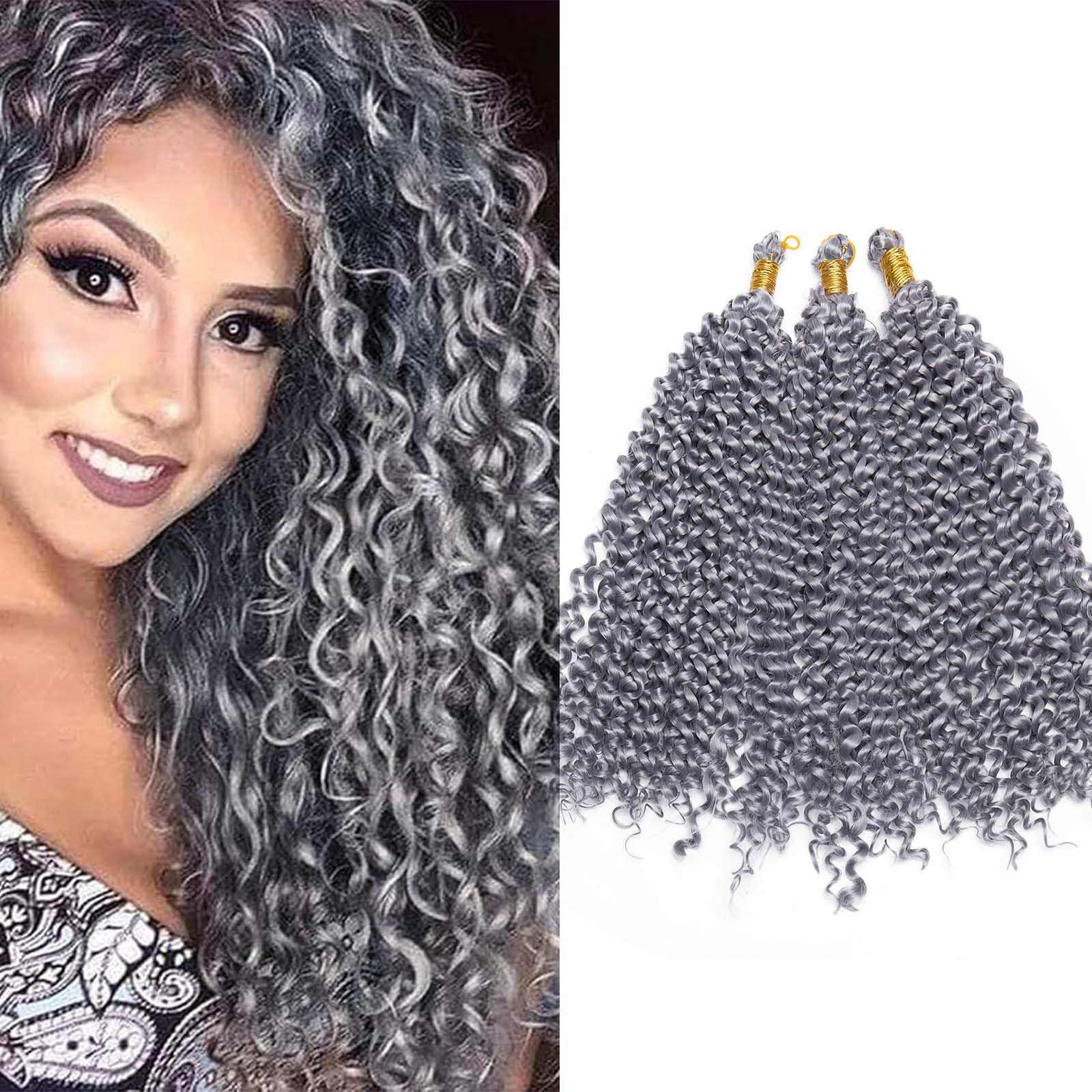 3 Bundles Marlybob Crochet Braids Hair Extensions Two-Tone Ombre Deep Wave Afro Kinky Jerry Curl Braiding Hairpiece Dreadlocks Weave for Women 14" - Silver Grey
