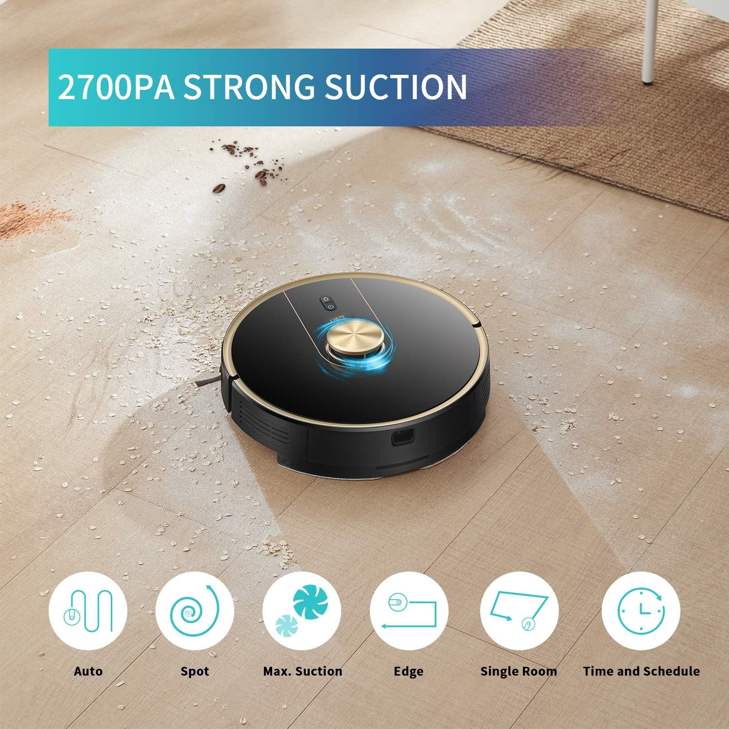 Robot Vacuum Cleaner Uoni V980Plus - 2700Pa Strong Suction Slim Design Robotic Vacuum Multiple Cleaning Modes Self-Charging Robotic Vacuum Cleaner with 5200mAh for Pet Hair, Hard Floor and Carpets -