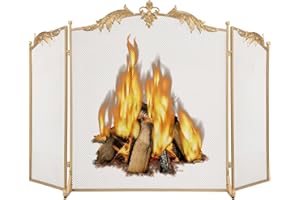 WICHEMI Fireplace Screen 3 Panel Folding Fireplace Screens 50.4 x 32.3 Inch Metal Furnace Fireguards Mesh Cover Baby Safe Proof Fence Spark Guard Cover Wrought Iron Fire Place Standing Gate (Golden)