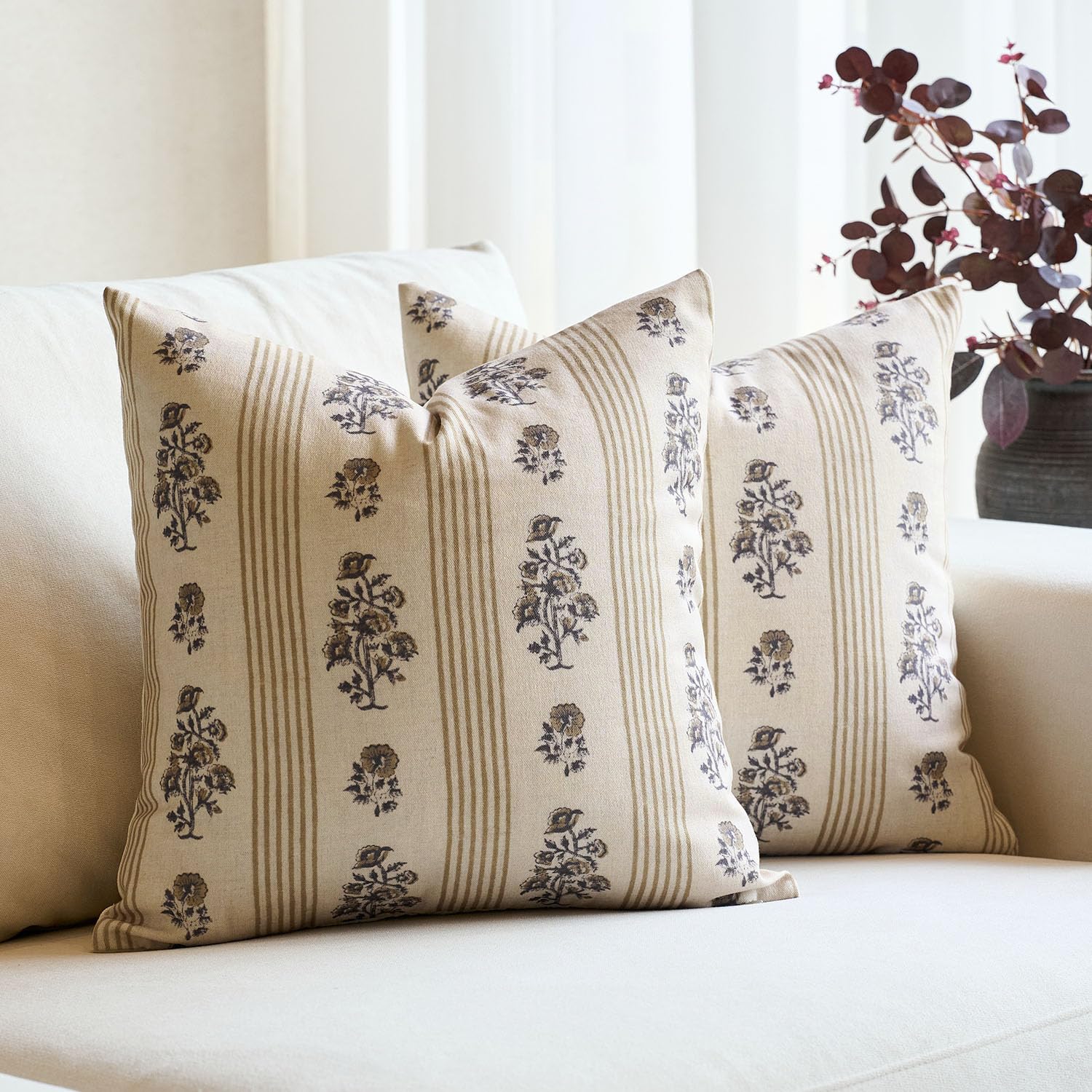 Photo 1 of Amor Virisso Floral Throw Pillow Covers 20x20 Set of 2 Block Print Pillow Covers Neutral Floral Striped Farmhouse Decorative Pillow Covers for Sofa Couch Bed, Yellow