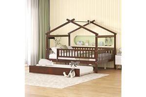 HARPER & BRIGHT DESIGNS Full House Bed with Trundle, Kids Full Platform Bed Frame with Rails and Roof, Tent Bed, Wood Playhouse Bed Full Montessori Bed for Kids Teens Girls & Boys, No Box Spring Needed (Walnut)