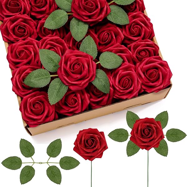 LIFEWIT ARTIFICIAL FLOWERS, 50 PCS DARK RED FOAM REAL LOOKING ROSES WITH STEMS, FAKE ROSES FOR DIY WEDDING BOUQUETS, CENTERPIECES ARRANGEMENTS, VALENTINE DECORATIONS