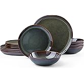 HaWare Plates and Bowls Set, Stoneware Dinnerware Sets, 12-Piece Hand-painted Dishware for 4, Ceramic Dinner Set for Home Kitchen, Scratch Resistant, Microwave and Dishwasher Safe, Reactive Moss Green