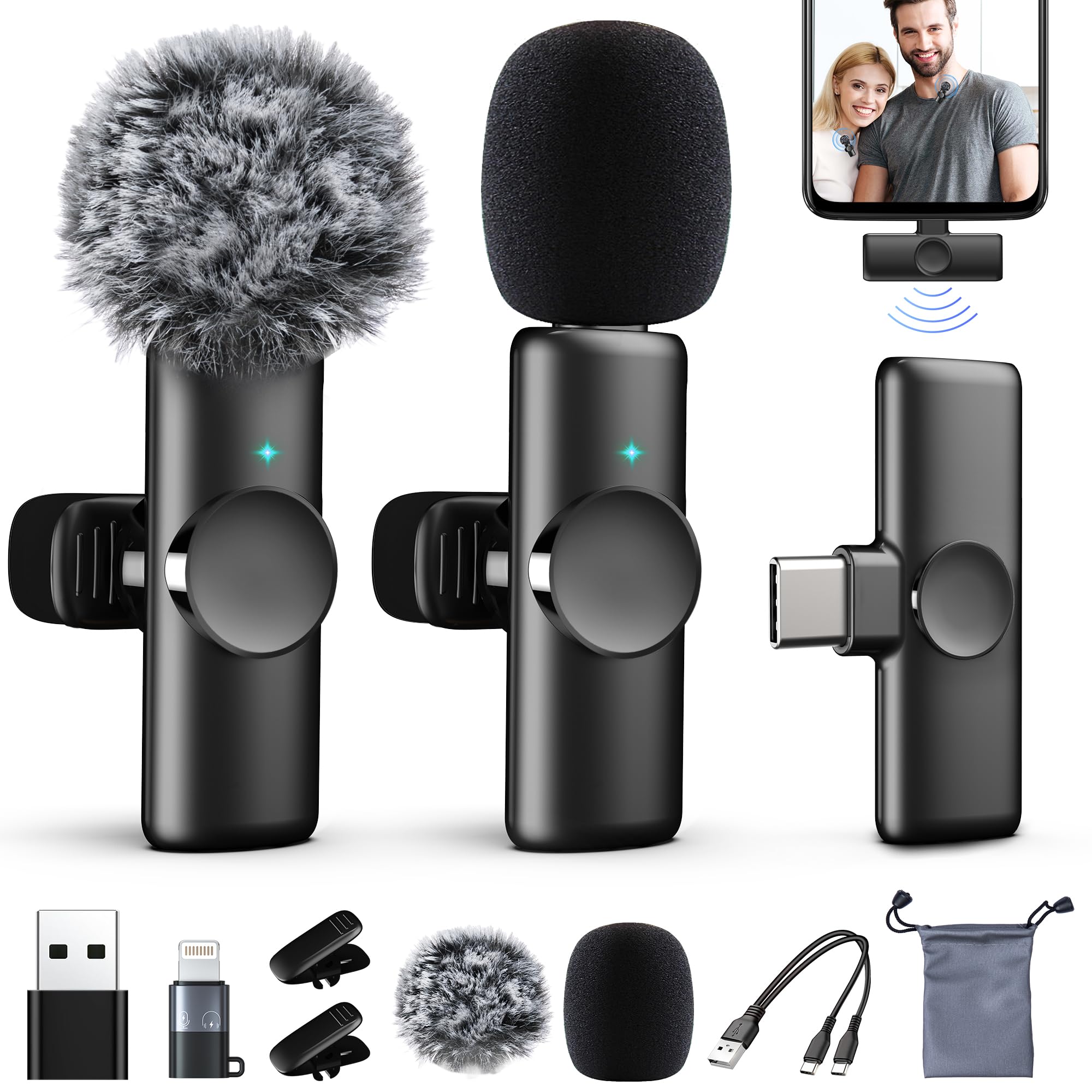 Photo 1 of 2 Packs Wireless Lavalier Microphone for iPhone 17/16/15/iPad/Android/Phone/PC/Laptop, Plug-Play Mini Mic with Noise Reduction, Lapel USB C Microphone for Video Recording, Interview, Vlogging