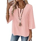LOMON Womens 3/4 Sleeve Tops Cotton Linen Shirts V Neck Lace Casual Loose Fit Blouses Boho Fashion