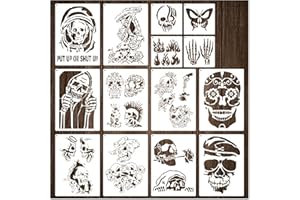 BOQON 14 Pieces Skull Stencils Reusable, Scary Skeleton Stencils Fire Template Skull Flame Stencils Stencils for Painting on Wood, Wall, Canvas, Scrapbook Decorations DIY Craft Projects (14 Skull)