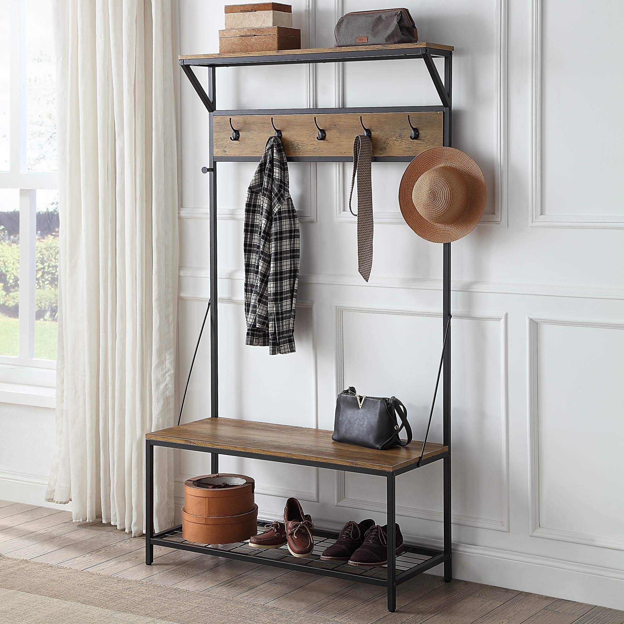 BELLEZE Modern Industrial Bench Hall Tree, Entryway Storage Bench Shoe