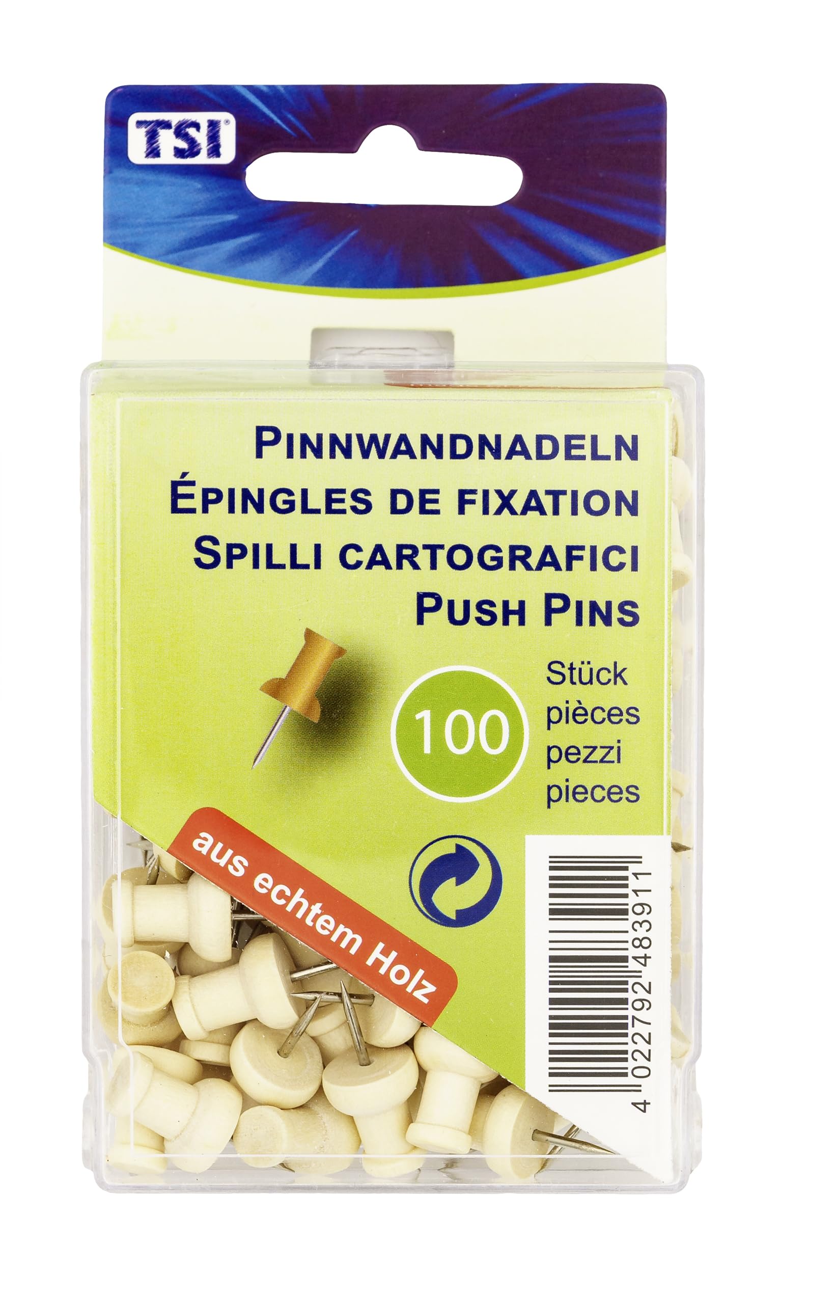TSI 48391 Wooden Pin Tacks Pins Pack of 100 in Practical Storage Box