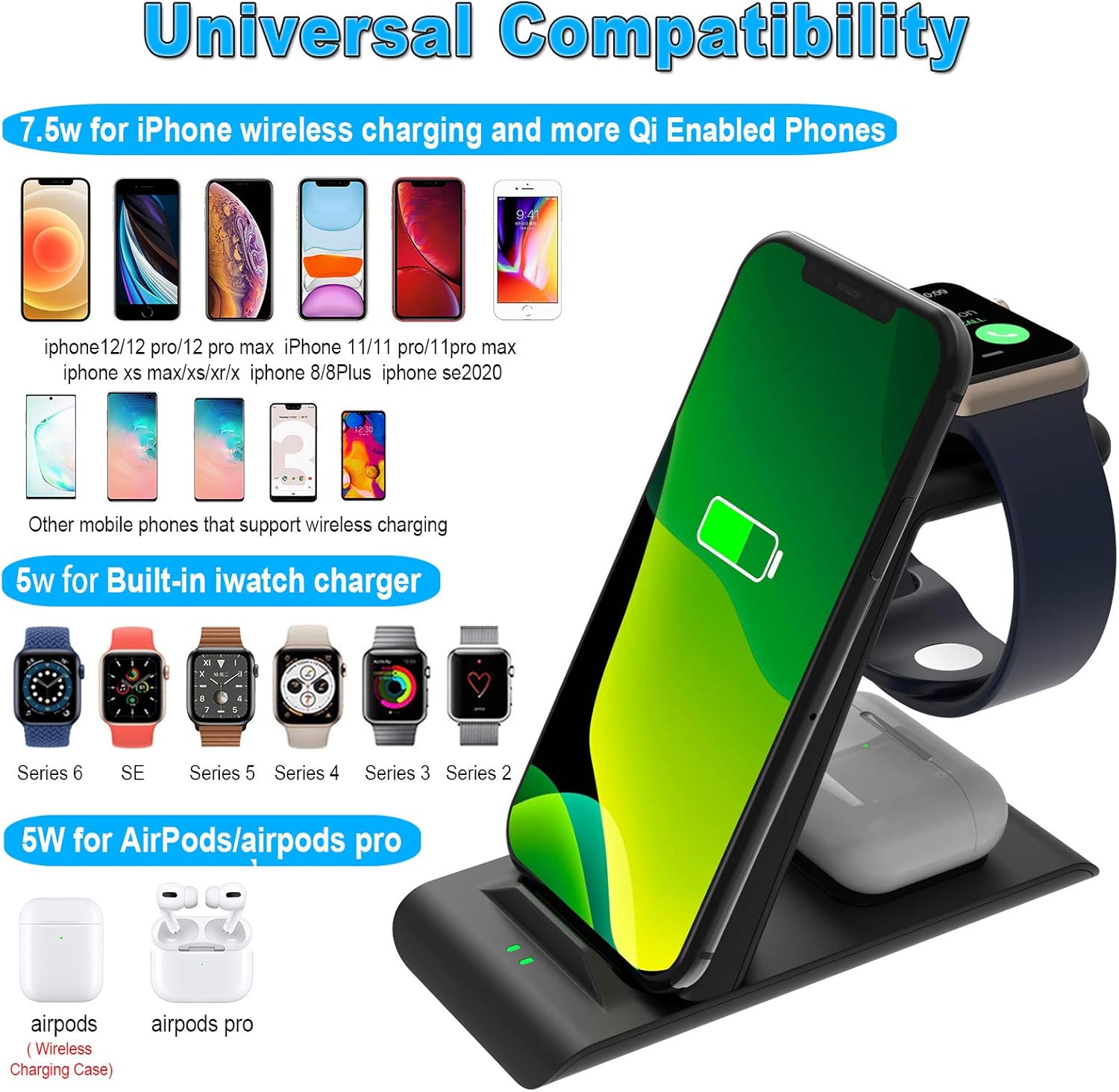 HATALKIN 3 in 1 Wireless Charging Station Compatible with Apple Products Multiple Devices Apple Watch SE 6 5 4 3 2 AirPods Pro/2 iPhone 12/11/Pro Max/X/XS/XR/8 Plus QI Fast Wireless Charger Stand Dock