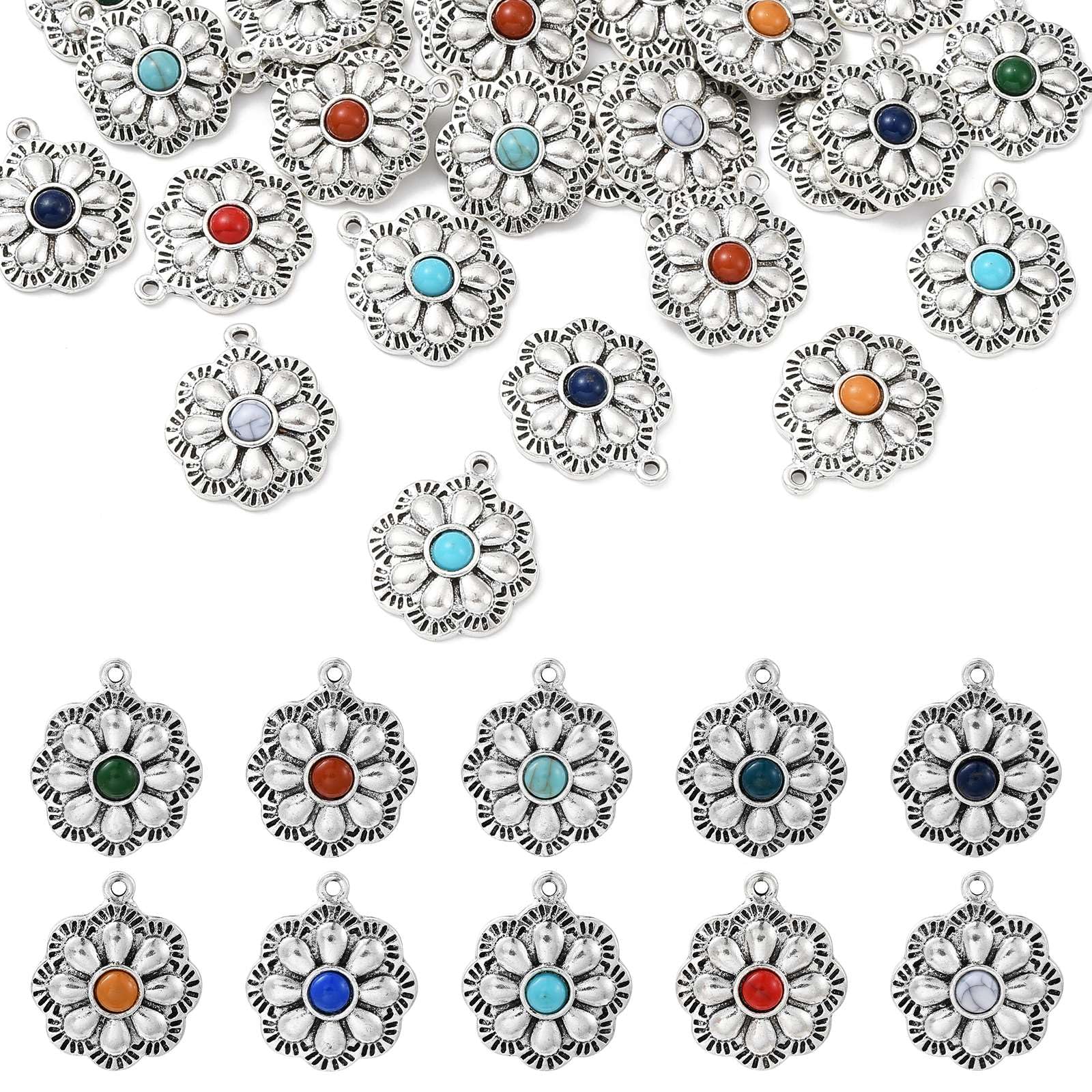 Stiesy 30Pcs 10 Colours Antique Silver Flower Charms with Resin Imitation Gemstone Beads Vintage Pendant Charm for Jewellery Making DIY Bracelet Crafting