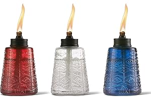 TIKI Molded Glass Decorative Tabletop Torches (Set of 3) – Red, White & Blue Outdoor Lighting for Lawn, Patio & Garden | Weather-Resistant | Includes Long-Lasting Wick & Snuffer