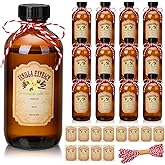 Uiifan 12 Pack Amber Glass Bottle Boston Round Bottles with Caps Brown Vanilla Extract Bottles and 12 Pcs Vanilla Extract Sti