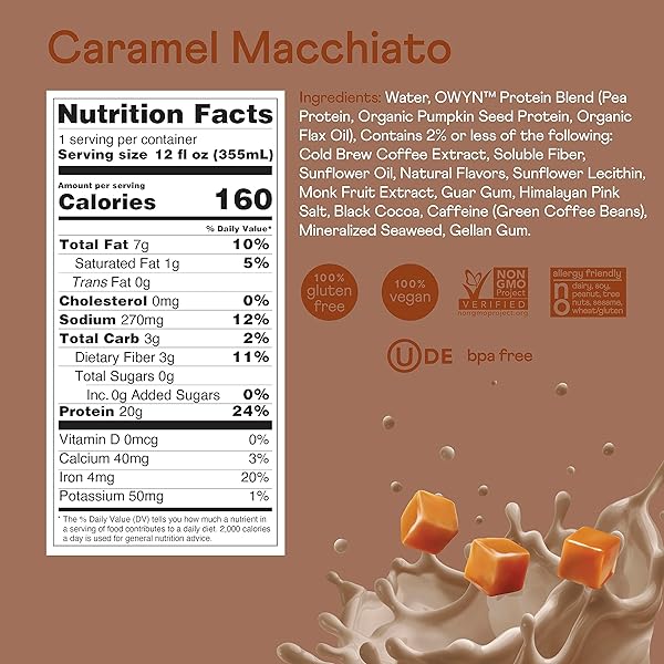 OWYN ONLY WHAT YOU NEED DOUBLE SHOT DAIRY FREE KETO PROTEIN COFFEE SHAKE, CARAMEL MACCHIATO, 0G SUGAR, 20G PLANT BASED PROTEIN, 180MG CAFFEINE, GLUTEN & SOY FREE, NON-GMO, VEGAN (12 PACK, 12 FL OZ)