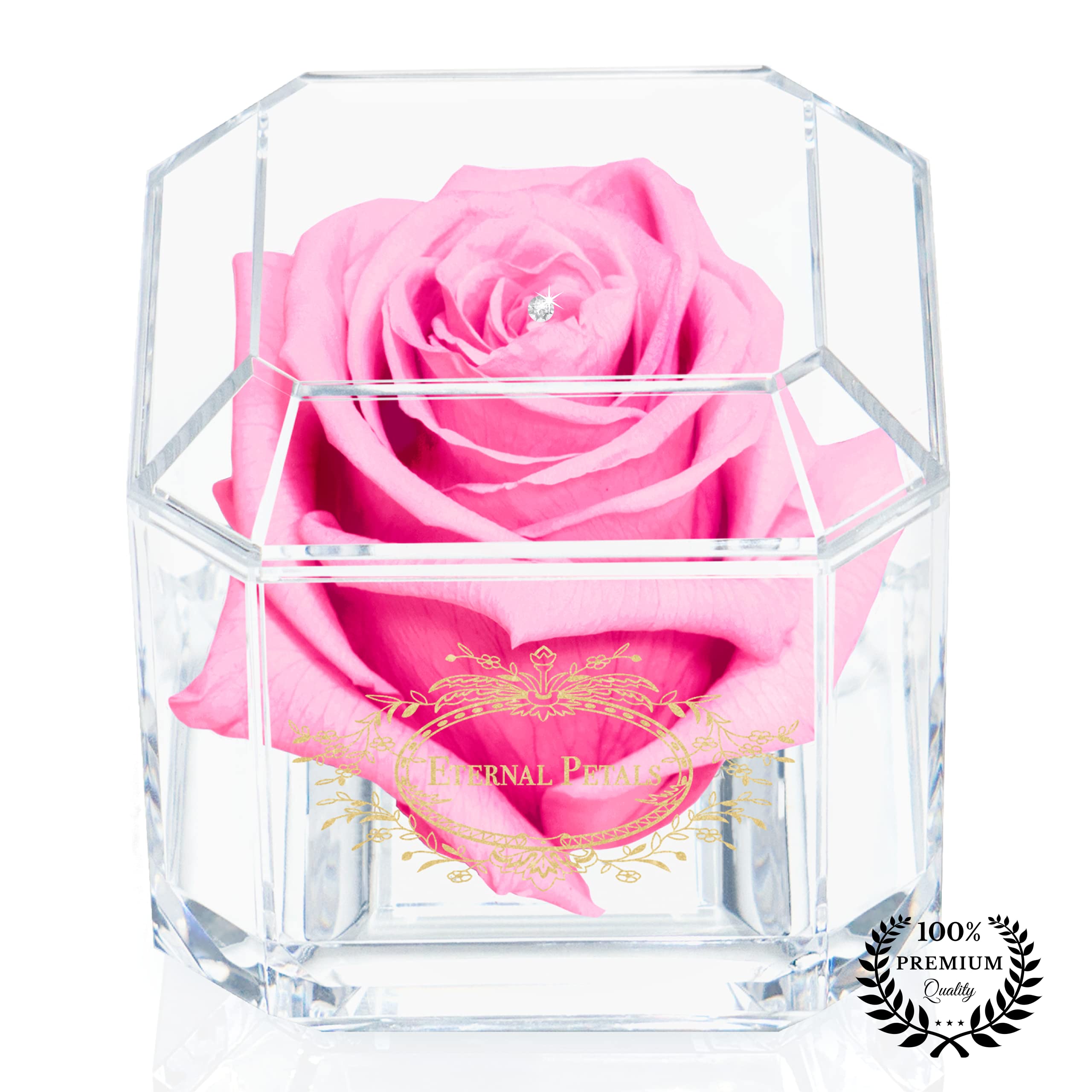 A 100% Real Rose That Lasts Years - Eternal Petals, Handmade in UK – Gold Solo with A Clear Crystal (Pink)