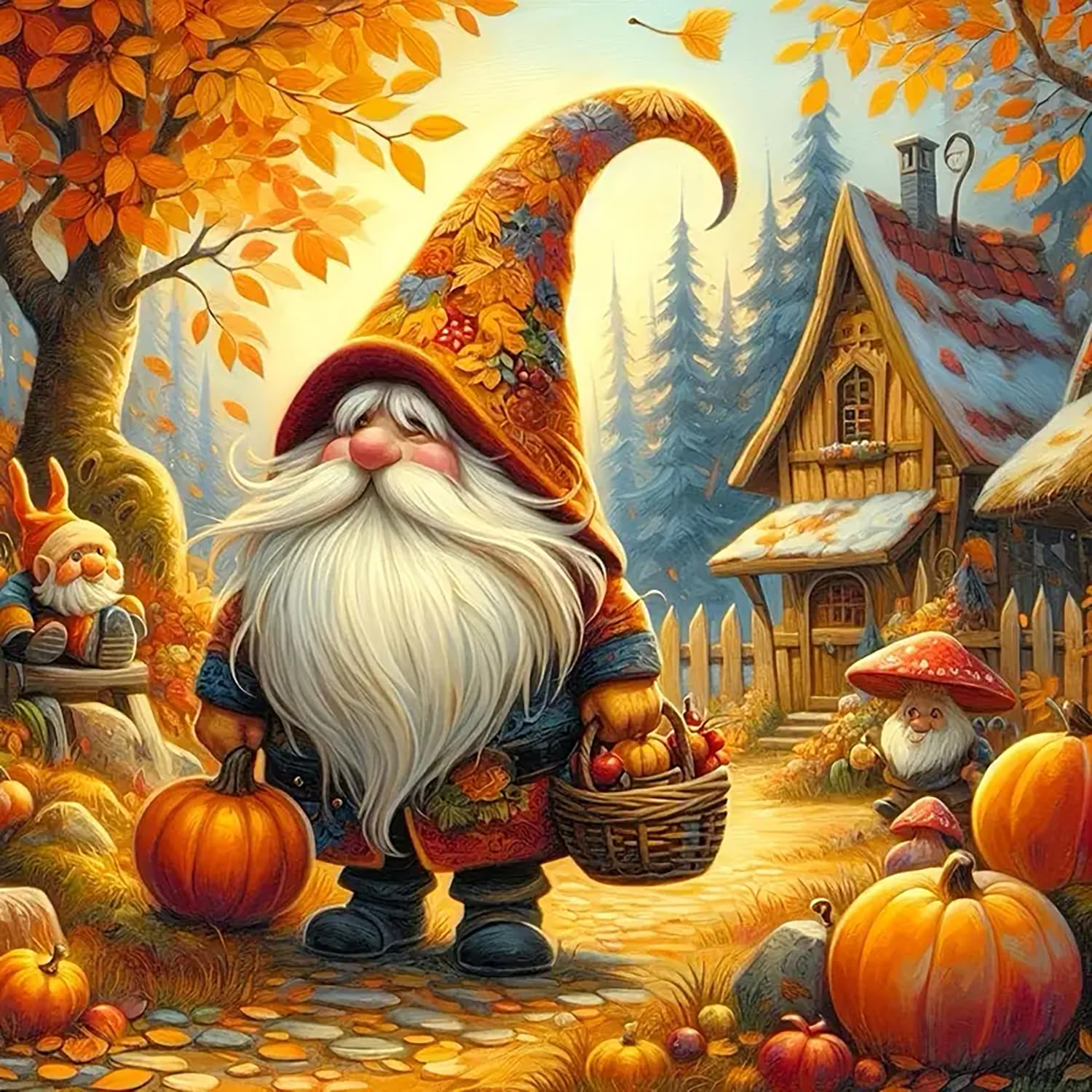 Photo 1 of Fall Gnome Pumpkin House Diamond Painting Kits for Adults, 5D Diamond Art Kits for Adults Beginners, DIY Full Round Drill Diamond Dot Painting Gem Art Kits for Adult, Home Wall Decor 13.8x13.8 Inch