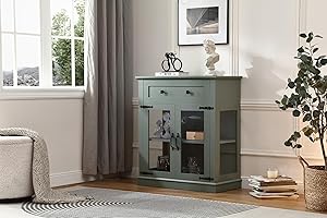 FOREST GRAVITY Modern 31.5'' Small Sideboard Buffet Cabinet with Storage,Small Coffee bar Cabinet with a Drawer and Adjustable Shelf,Glass Doors Sideboard Buffet with LED for Kitchen,Green