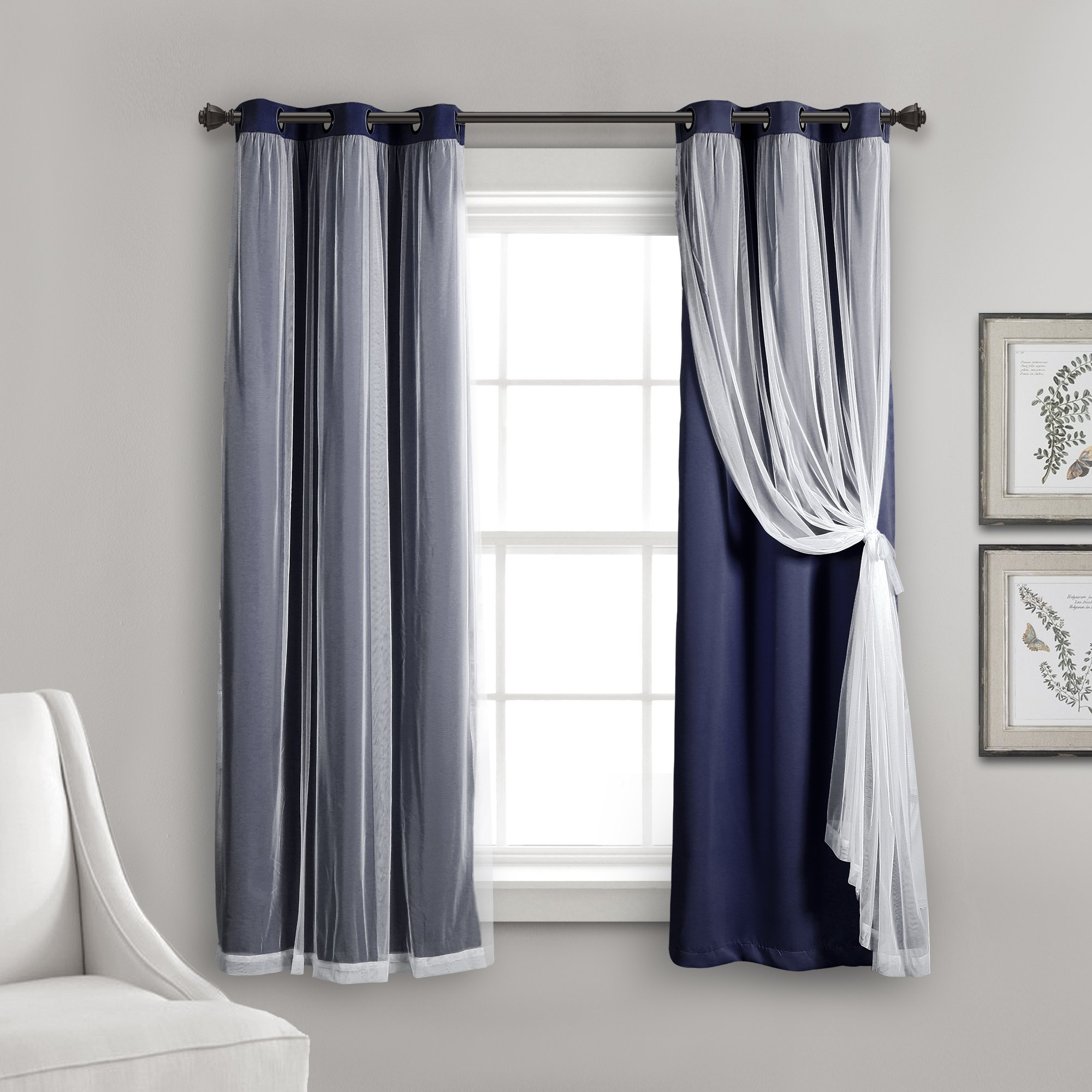 Lush Decor Sheer Grommet Curtains Panel with Insulated Blackout Lining, Room Darkening Window Curtain Set (Pair), 38" W x 63" L, Navy