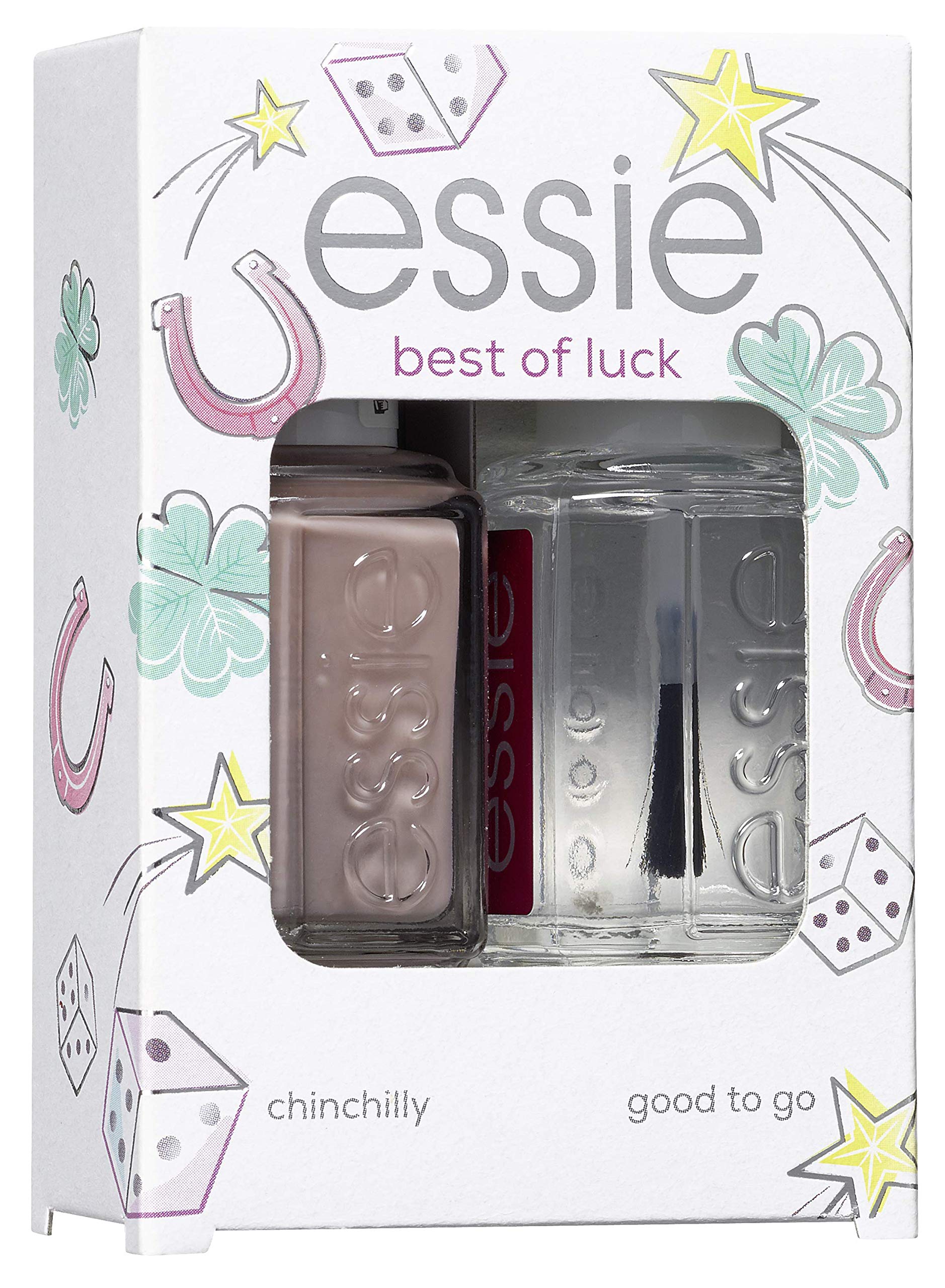 essie Nail Polish Kit Good Luck Chinchilly Mute Dark Grey and Good To Go Fast Dry Top Coat Gift Set, 150 ml, 3600531595050