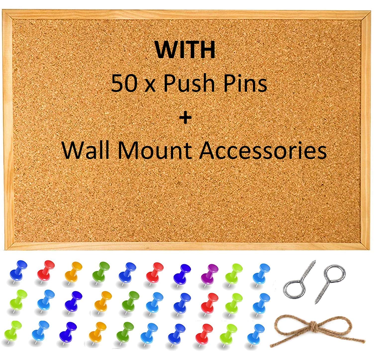 Cork Notice Pin Board Bulletin Vision Boards for Home Bedroom Offices Memo Message Pictures Planner Display Organiser Wood Frame Corkboard - Wall Mount Screws and 50 Push Pins - 400 x 300 mm