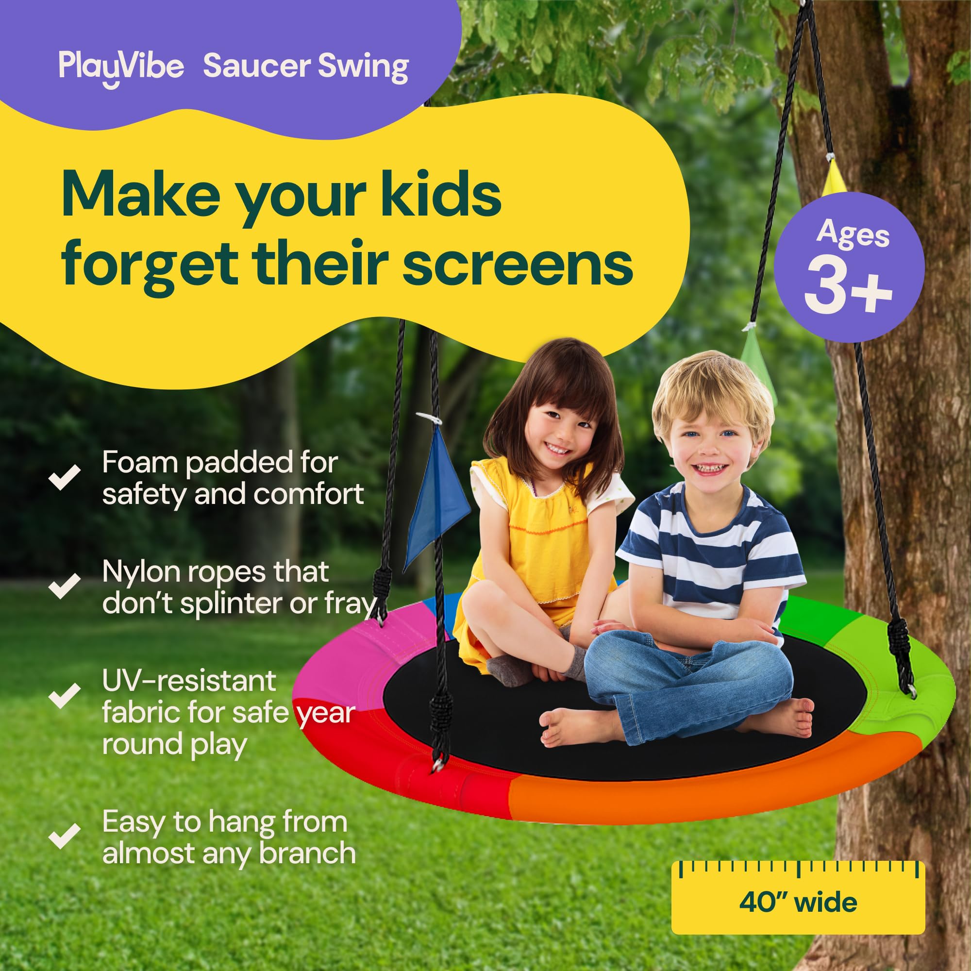 PLAYVIBE 40-Inch Saucer Swing for Kids Outdoor - Multicolor Tree Swing - 440lb Capacity - 600D Oxford Waterproof Fabric & Hanging Straps - Kids Outdoor Toys
