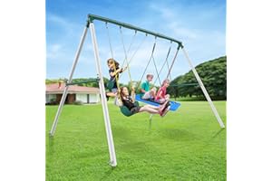 Hapfan 7.3ft Tall Heavy Duty Swing Set, 3 Swings Metal Swing Sets for Backyard, Big Kids Playset for Playground Outdoor