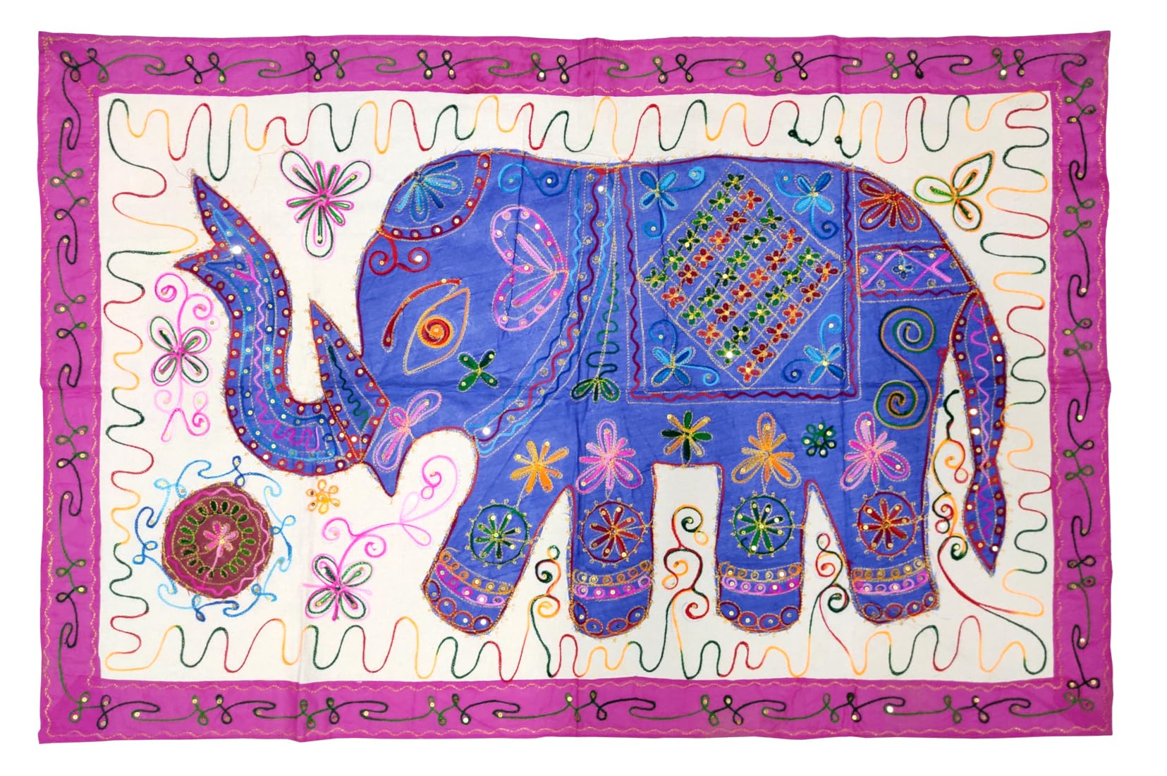 Purpledip Cotton Tapestry 'Royal Elephant': Vintage Patchwork Sequin Embroidery Bed Throw Or Wall Hanging (11357)