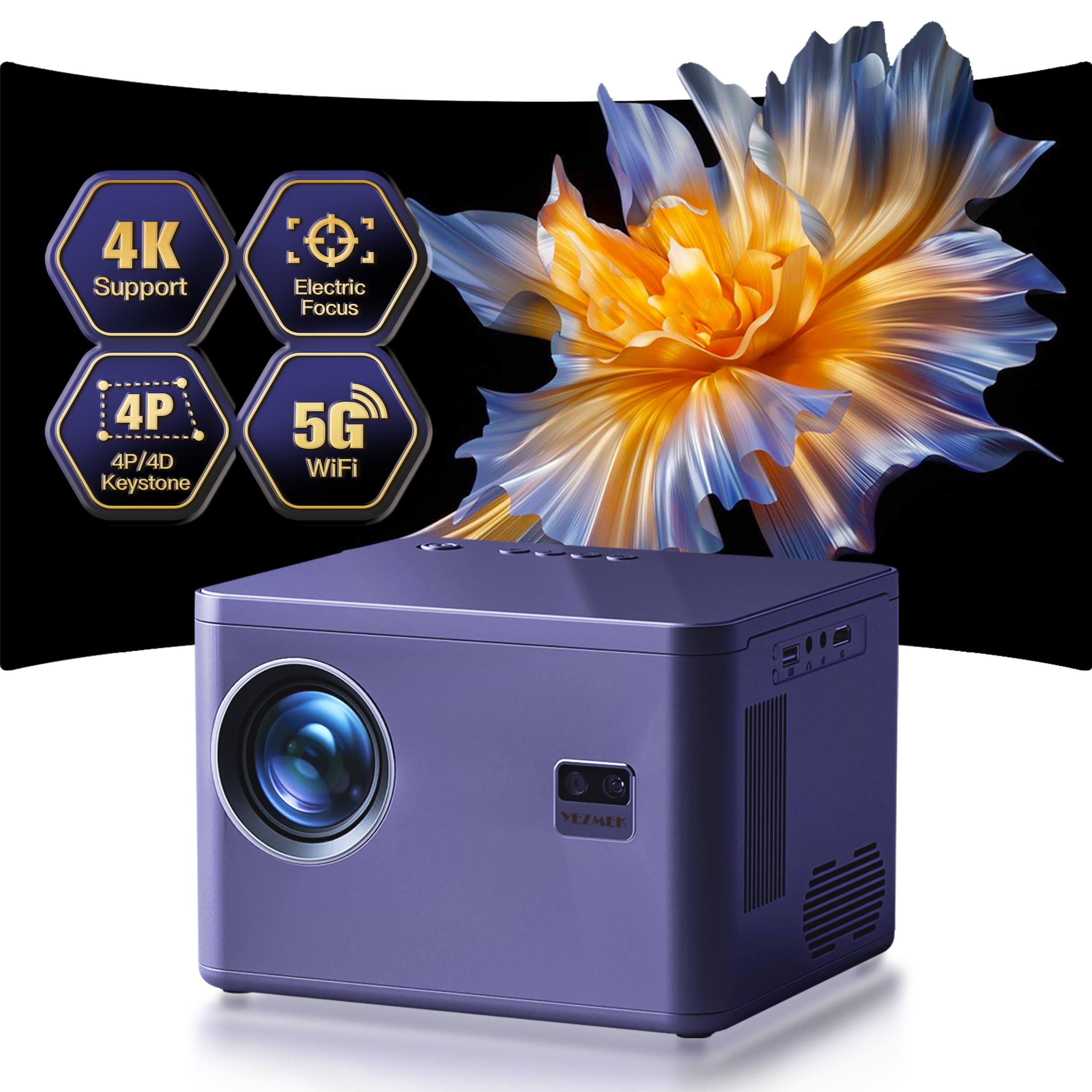 Yezmek Videoprojecteur 4K [Focus Électrique & 6D/4P Correction Trapèze & Zoom] Supporté, 5G WiFi Bi-Canal Bluetooth 20000L Natif 1080P Projecteur, Mini Retroprojecteur Led Compatible Hdmi Usb Av