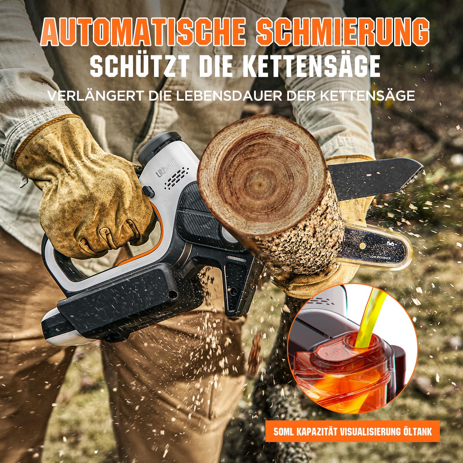 Litheli Mini Kettensäge mit Akku 10.000 mAh, 15 CM Akku Kettensäge 20V, Bürstenloser Motor, Astsäge, Automatischer Öler, Sicherheitsverriegelung, Akku Handkettensäge für Gartenscheren Holzschneidenz 4