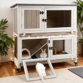 Gowoodhut 36" L Rabbit Hutch, 2-Story Bunny Cage on 4 Wheels | Guinea Pig Cage with Dual Deep Trays, 4 Metal Wheels and Ramp Access for Small Animals, Indoor and Outdoor Use
