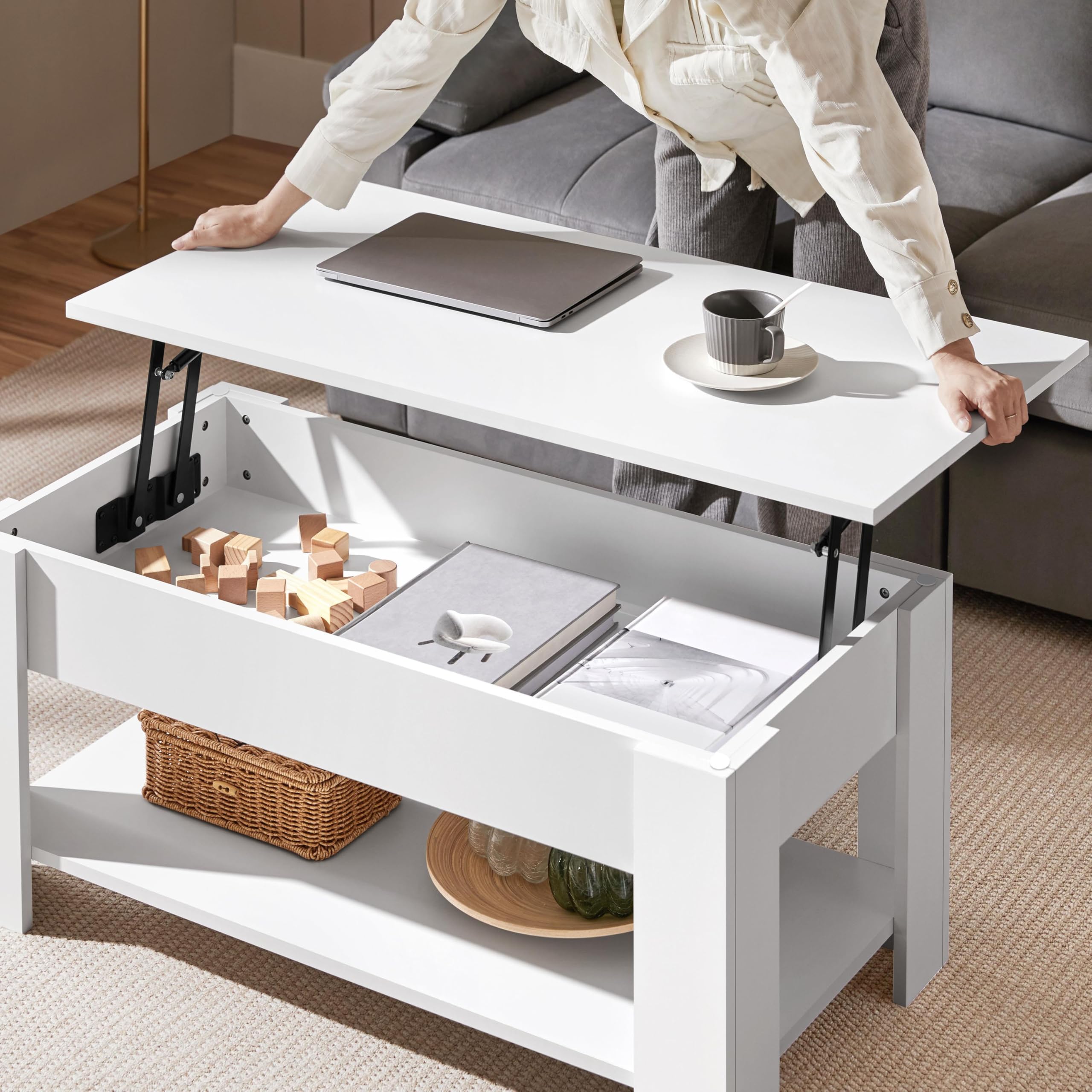 Yaheetech Couchtisch mit Höhenverstellbarer Platte Kaffeetisch ausziehbarer Wohnzimmertisch Sofatisch für Wohnzimmer, Büro, weiß 4