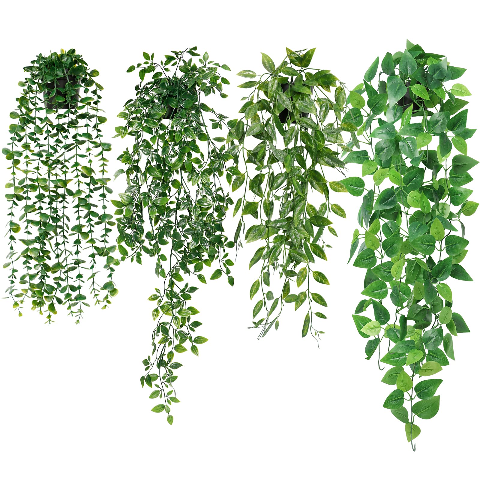Dremisland 4 Pack Fake Hanging Plant with Pots Artificial Eucalyptus Potted Plants Greenery Foliage Ivy Vines Faux Trailing Plants for Home Garden Office Shelf Wall Decoration