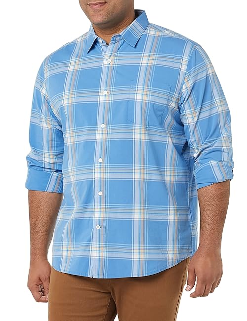 Amazon Essentials Men's Long-Sleeve Regular-Fit Stretch Poplin Shirt, Light Blue Orange Plaid, XX-Large