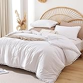 YIRDDEO Queen Comforter Set - Comforter Queen Size Sets with Ball Pom Fringe, Soft Bedding Set for All Seasons - 3 Pieces, 1 Comforter (90"x90") & 2 Pillow Shams (20"x26"), White