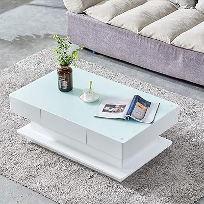 Buy Homesailing Modern White High Gloss Coffee Table With 2 Storage Drawers Living Room Large Glass Tabletop Coffee Table Wood Frame Sofa End Tea Table Rectangular For Office Waiting Reception Furniture Online