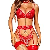 RSLOVE Women's Lingerie Sets with Garter Belt 3 Piece Sexy Lace High Waist Bra and Panty Set Push Up Exotic Sleepwear