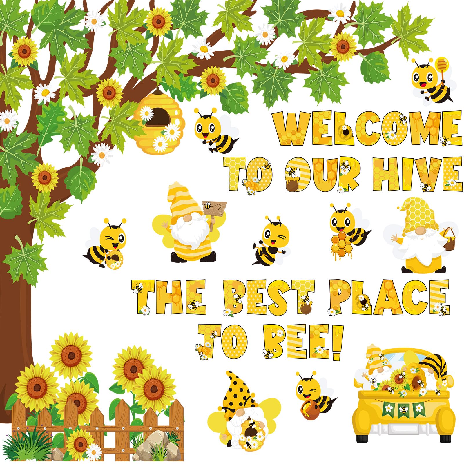 Photo 1 of Pajean 104 Pcs Classroom Tree Bulletin Board Set Bee Sunflower Bulletin Boards Decoration Cutouts Spring Summer Tree Bulletin Board Leaves Cutout for Classroom Window Wall Home Office School Decor