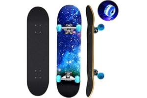 CLYCTIP Skateboards with Colorful Flashing Wheels for Beginners,Kids,Teens,Adults, Complete Standard Skate Boards 7 Layer Maple Deck Concave Skateboard