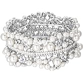 EVER FAITH White Rhinestone Crystal Wedding Jewelry Simulated Pearl Flower Bridal Stretch Bracelet for Women Bride Clear Silver-Tone