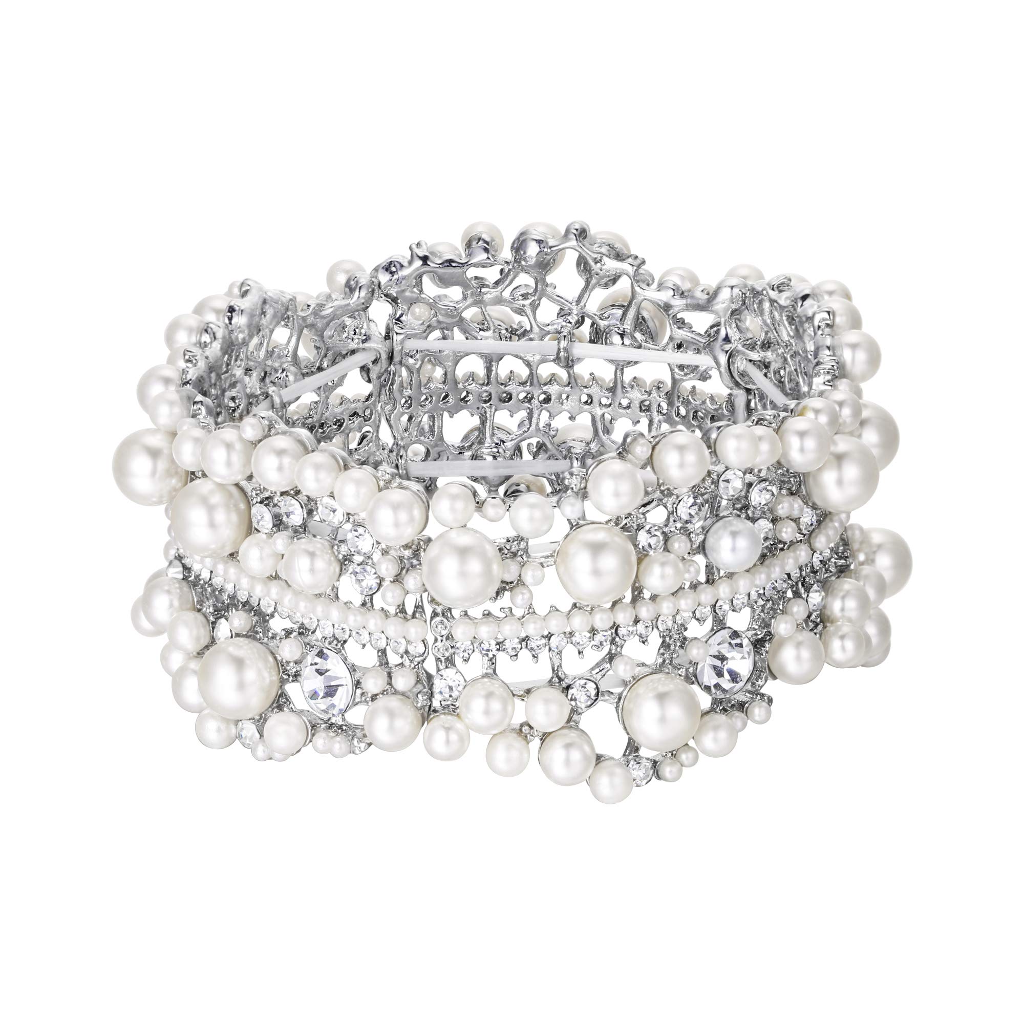 Ever Faith Pearl Bracelet for Women Girls, Sparkly Rhinestone Crystal Simulated Pearls Stretch Bracelets Vintage Pearl Jewellery Wedding Party Jewelry for Brides Bridal Clear Silver-Tone
