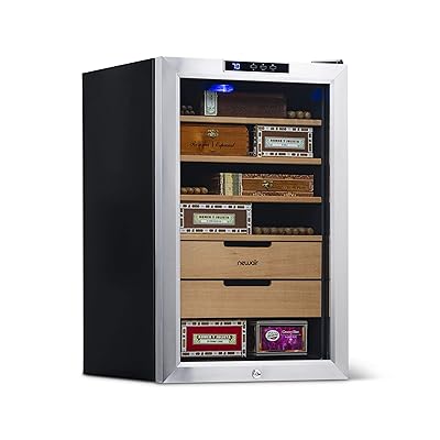 NewAir Cigar Humidor Climate Controlled with 400 Cigar Capacity - Digital Heating and Cooling Feature - Includes Spanish Cedar Shelves and Lock - CC-300H - Stainless Steel