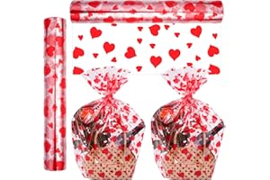 KOLEWO4EVER Cellophane Wrap Roll Hearts Design（100’ Ft. Long X 32” in. Wide）2.3 Mil Valentine's Day Cellophane Bags Thick Crystal Clear with Special Red Hearts Cellophane Bags For Flower Wrapping, Gift Basket