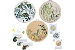 Armindou 3 Sets Embroidery Starter Kits with Leaves Pattern for Adults Beginners, Cactus Stamped Cross Stitch Kit Hand DIY Needlepoint Kit, 3 Embroidery Hoops, 3 Embroidery Fabric, Needles and Threads