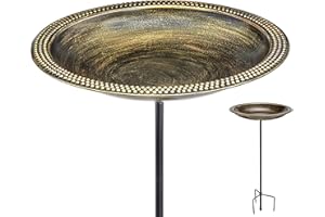 Good Directions BBG18-5, 18" Hand-Hammered Pure Copper Beaded Birdbath, Aged Brass Finish, Powder-Coated Steel Garden Pole