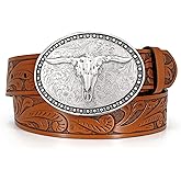 Western Leather Belt for Men Women Cowgirl Cowboy Western Longhorn Bull Buckle Belt for Jeans Christmas Gifts Belts