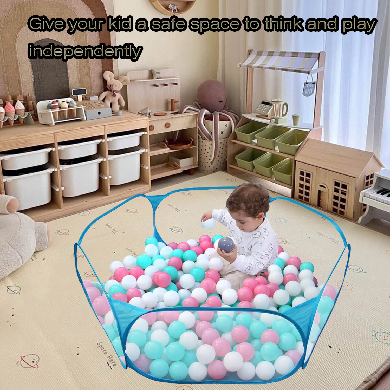 Portable Cute Blue Hexagon Children Ball Pit, Indoor and Outdoor Easy Folding Ball Play Pool Kids Toy Play Tent with Carry Tote, Balls Not Included